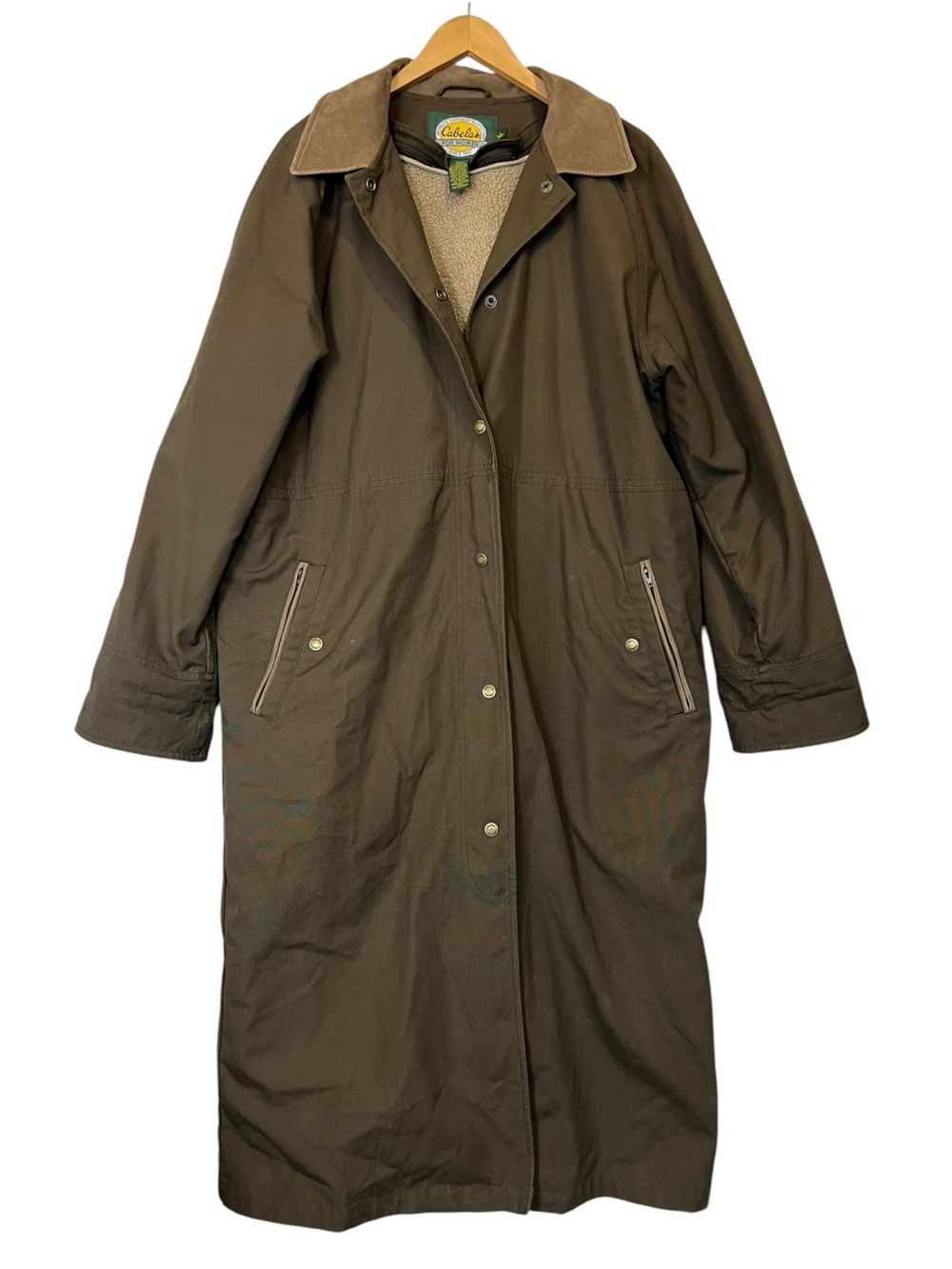 Cabela’s Vintage 90’s Leather Trim, Sherpa Lined Canvas Duster Coat Women’s Lg